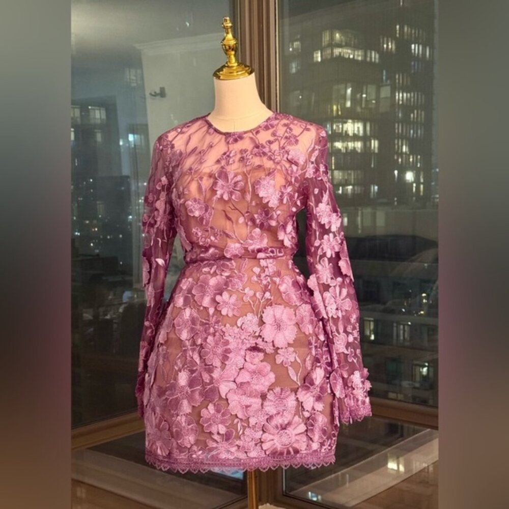 🆕 BRONX & BANCO 🧿 NWOT Bouquet Maraya Long Sleeve Mini Dress, Lilac Sz M US 6 - Picture 3 of 16